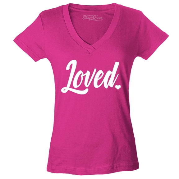 Shop4Ever Women's Loved Heart Valentine's Day Slim Fit V-Neck T-Shirt X-Small Pink