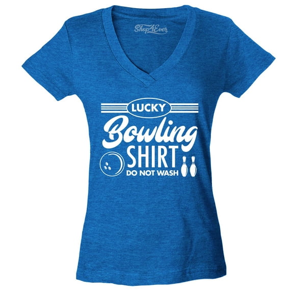 Shop4Ever Women's Lucky Bowling Shirt Bowler Slim Fit V-Neck T-Shirt Large Heather Royal Blue