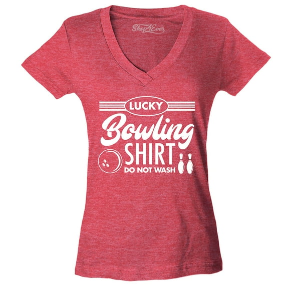 Shop4Ever Women's Lucky Bowling Shirt Bowler Slim Fit V-Neck T-Shirt Medium Heather Red