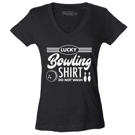 Shop4Ever Women's Lucky Bowling Shirt Bowler Slim Fit V-Neck T-Shirt Small Black