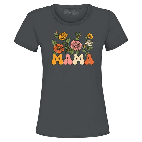 Shop4Ever Women's Mama Floral Flowers Retro Aesthetic Graphic T-Shirt Small Charcoal