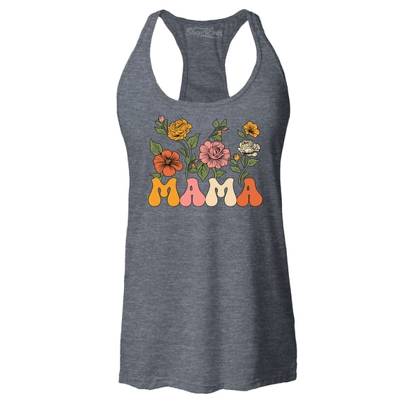 Shop4Ever Women's Mama Floral Flowers Retro Aesthetic Racerback Tank Top Large Charcoal