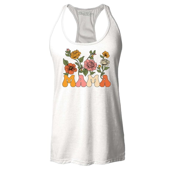 Shop4Ever Women's Mama Floral Flowers Retro Aesthetic Racerback Tank Top Small White