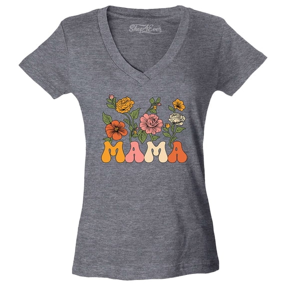 Shop4Ever Women's Mama Floral Flowers Retro Aesthetic Slim Fit V-Neck T-Shirt Large Heather Charcoal