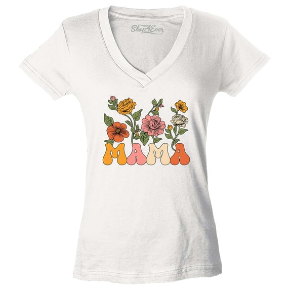 Shop4Ever Women's Mama Floral Flowers Retro Aesthetic Slim Fit V-Neck T-Shirt Large White