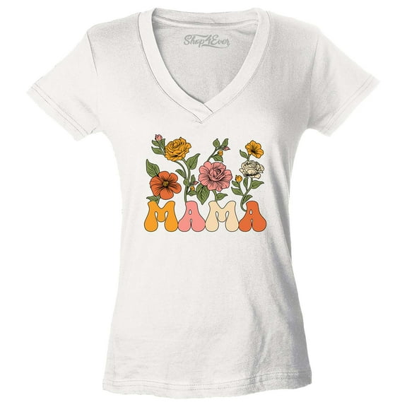 Shop4Ever Women's Mama Floral Flowers Retro Aesthetic Slim Fit V-Neck T-Shirt Medium White