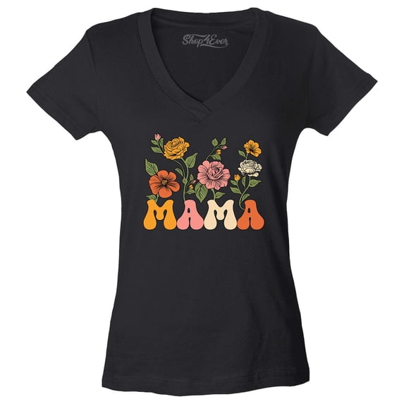 Shop4Ever Women's Mama Floral Flowers Retro Aesthetic Slim Fit V-Neck T-Shirt X-Small Black