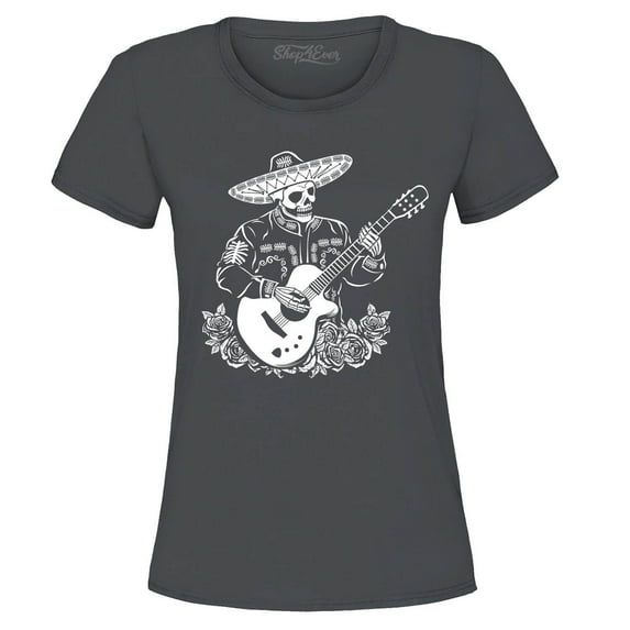 Shop4Ever Women's Mariachi Skeleton Guitar Graphic T-Shirt Large Charcoal