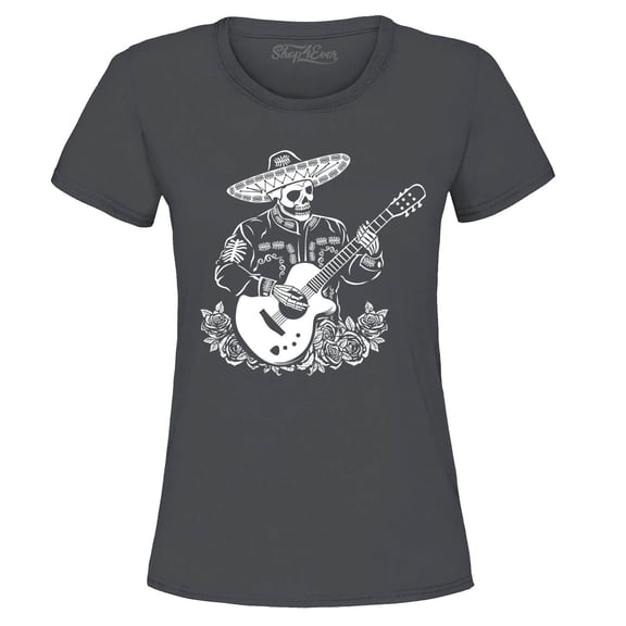 Shop4Ever Women's Mariachi Skeleton Guitar Graphic T-Shirt Large Charcoal