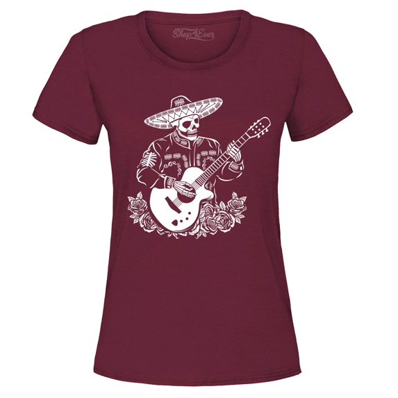 Shop4Ever Women's Mariachi Skeleton Guitar Graphic T-Shirt Small Maroon