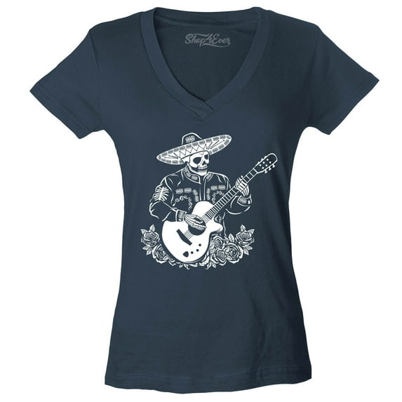 Shop4Ever Women's Mariachi Skeleton Guitar Slim Fit V-Neck T-Shirt Large Charcoal