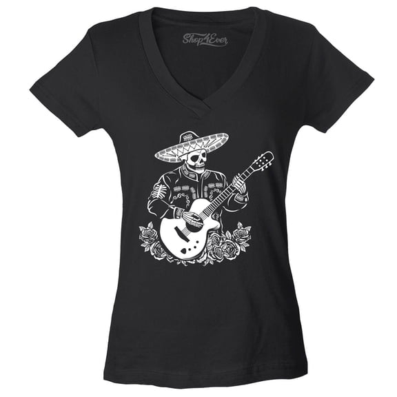 Shop4Ever Women's Mariachi Skeleton Guitar Slim Fit V-Neck T-Shirt Medium Black
