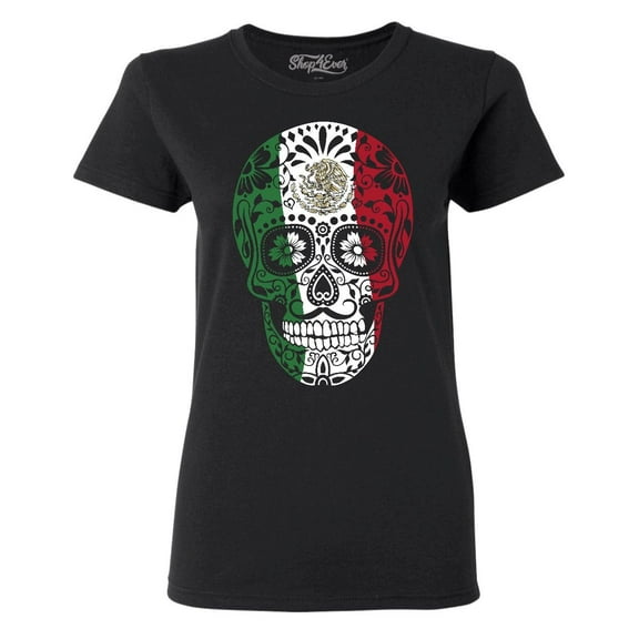 Shop4Ever Women's Mexican Flag Skull Day of the Dead Graphic T-Shirt Small Black