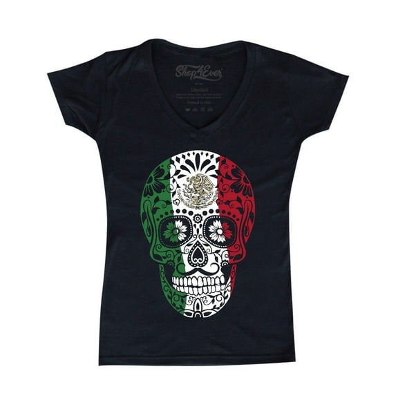 Shop4Ever Women's  Mexican Flag Skull Day of the Dead Slim Fit V-Neck T-Shirt Small Black