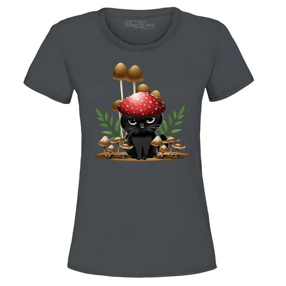 Shop4Ever Women's Mushroom Cat Cottagecore Graphic T-Shirt Small Charcoal