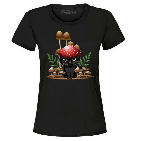 Shop4Ever Women's Mushroom Cat Cottagecore Graphic T-Shirt XXX-Large Black