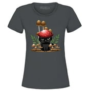 Shop4Ever Women's Mushroom Cat Cottagecore Graphic T-Shirt XXX-Large Charcoal