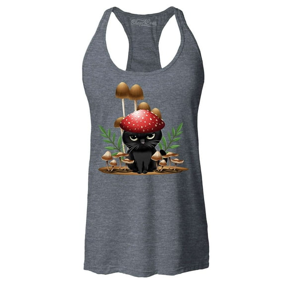 Shop4Ever Women's Mushroom Cat Cottagecore Racerback Tank Top Large Charcoal