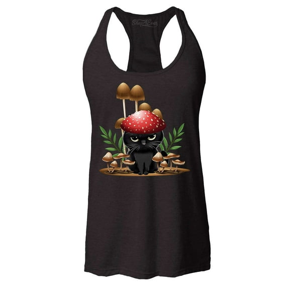 Shop4Ever Women's Mushroom Cat Cottagecore Racerback Tank Top X-Small Black