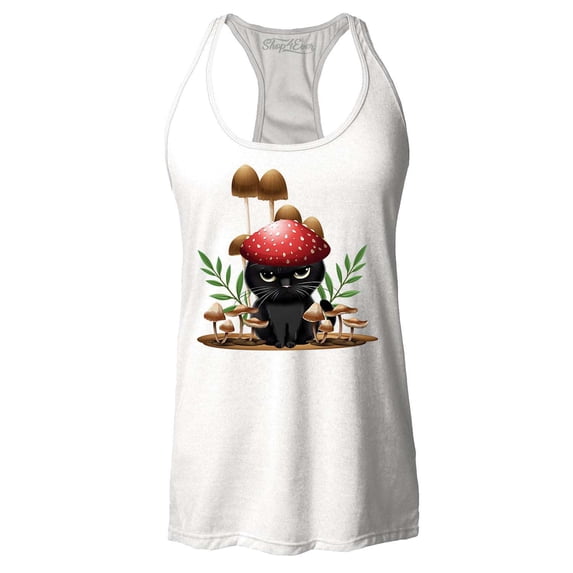 Shop4Ever Women's Mushroom Cat Cottagecore Racerback Tank Top X-Small White