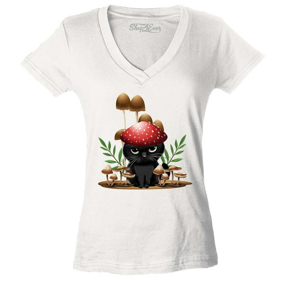 Shop4Ever Women's Mushroom Cat Cottagecore Slim Fit V-Neck T-Shirt Large White