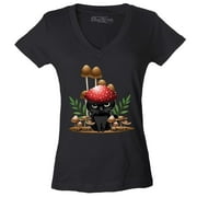 Shop4Ever Women's Mushroom Cat Cottagecore Slim Fit V-Neck T-Shirt X-Small Black