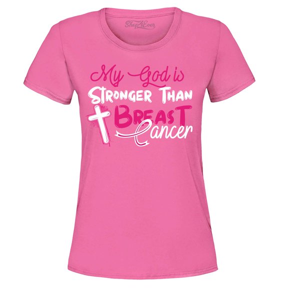 Shop4Ever Women's My God is Stronger Than Breast Cancer Graphic T-Shirt Large Azalea Pink