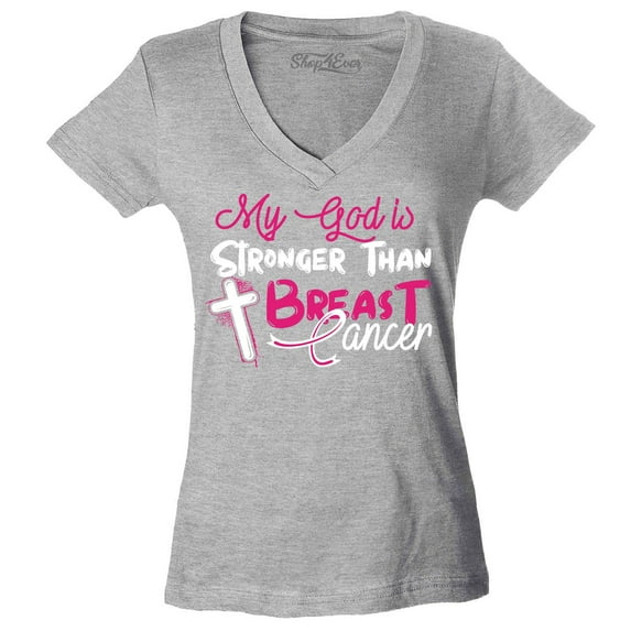 Shop4Ever Women's My God is Stronger Than Breast Cancer Slim Fit V-Neck T-Shirt Medium Sports Grey