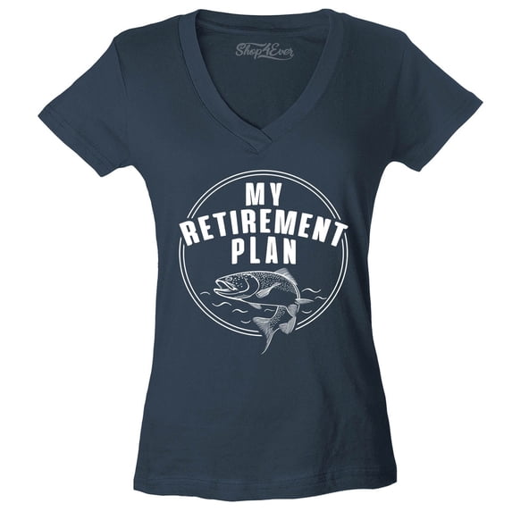 Shop4Ever Women's My Retirement Plan Fishing Slim Fit V-Neck T-Shirt Medium Charcoal