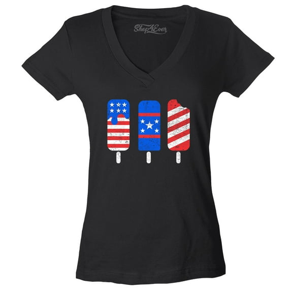 Shop4Ever Women's Patriotic Popsicles Ice Cream 4th of July Slim Fit V-Neck T-Shirt Medium Black
