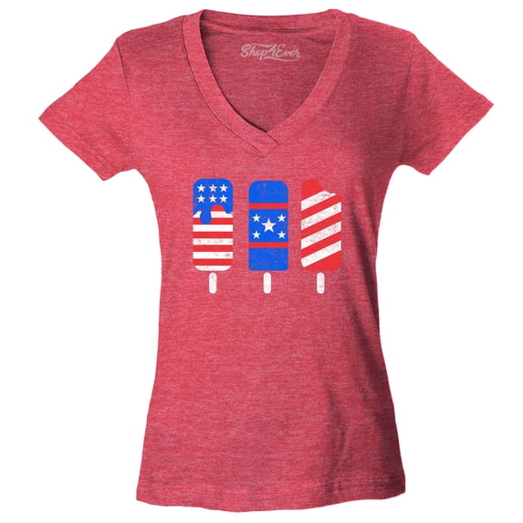 Shop4Ever Women's Patriotic Popsicles Ice Cream 4th of July Slim Fit V-Neck T-Shirt Small Heather Red