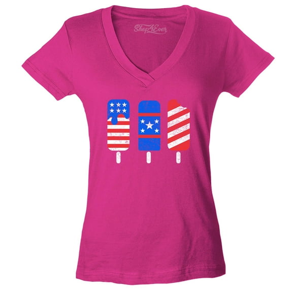 Shop4Ever Women's Patriotic Popsicles Ice Cream 4th of July Slim Fit V-Neck T-Shirt Small Pink