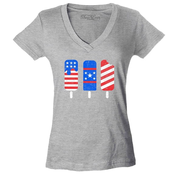 Shop4Ever Women's Patriotic Popsicles Ice Cream 4th of July Slim Fit V-Neck T-Shirt X-Large Sports Grey