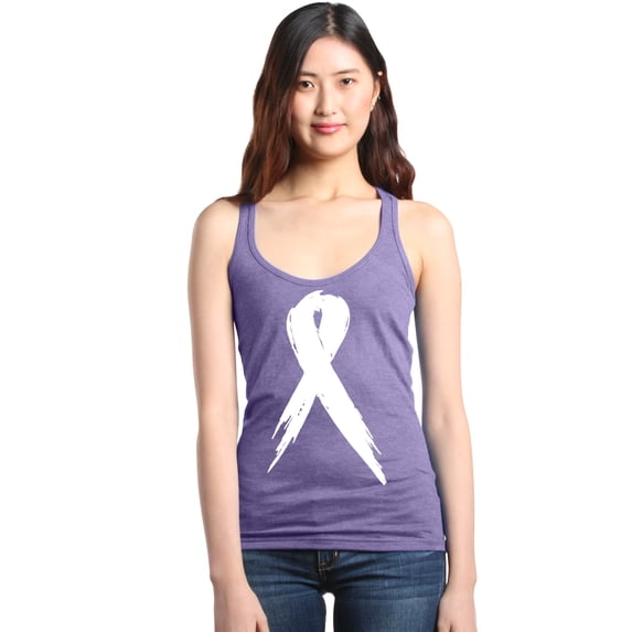 Shop4Ever Women's Pink Breast Cancer Awareness White Ribbon Racerback Tank Top Medium Purple