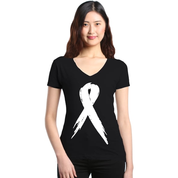 Shop4Ever Women's Pink Breast Cancer Awareness White Ribbon Slim Fit V-Neck T-Shirt Medium Black
