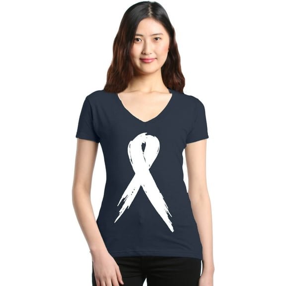 Shop4Ever Women's Pink Breast Cancer Awareness White Ribbon Slim Fit V-Neck T-Shirt XX-Large Charcoal