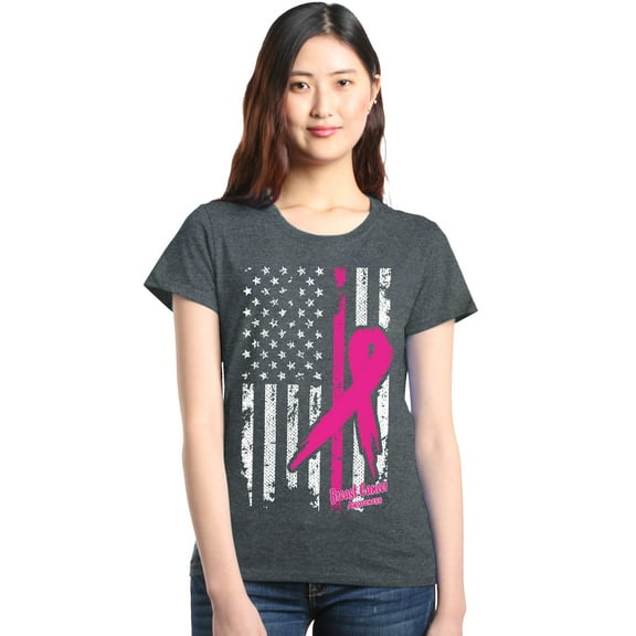 Shop4Ever Women's Pink Breast Cancer Ribbon American Flag Graphic T-Shirt Large Dark Heather