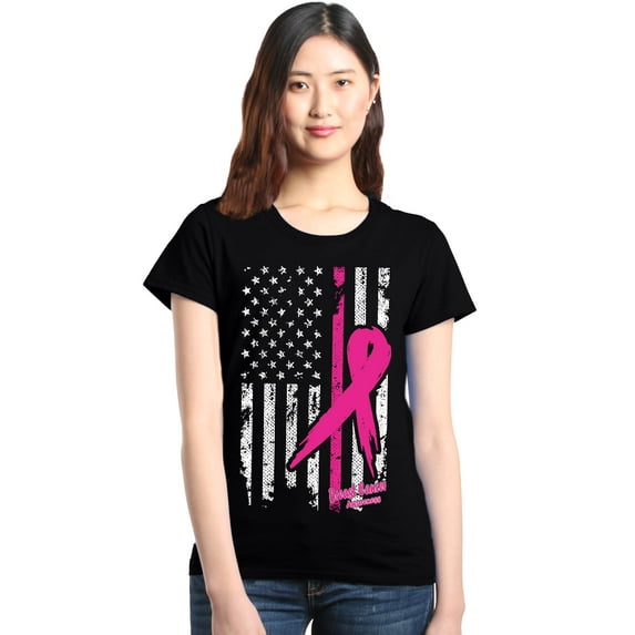 Shop4Ever Women's Pink Breast Cancer Ribbon American Flag Graphic T-Shirt Small Black