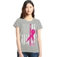 thumbnail image 1 of Shop4Ever Women's Pink Breast Cancer Ribbon American Flag Graphic T-Shirt Small Sports Grey, 1 of 5