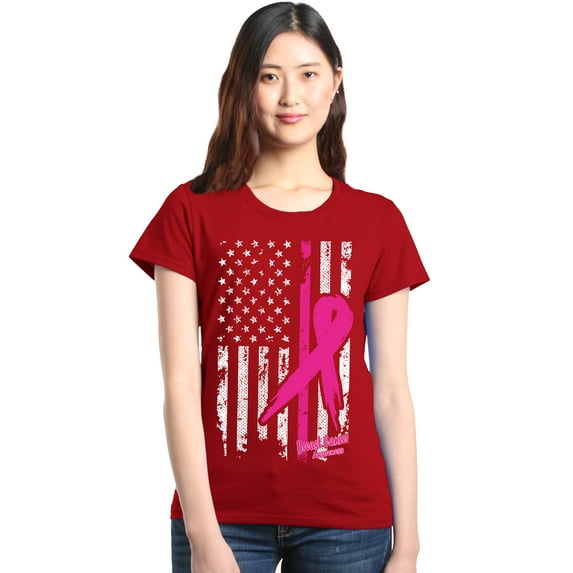 Shop4Ever Women's Pink Breast Cancer Ribbon American Flag Graphic T-Shirt X-Large Red