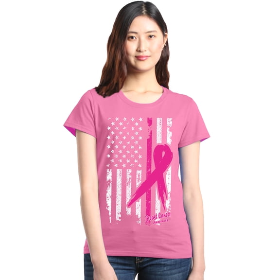 Shop4Ever Women's Pink Breast Cancer Ribbon American Flag Graphic T-Shirt XX-Large Azalea Pink