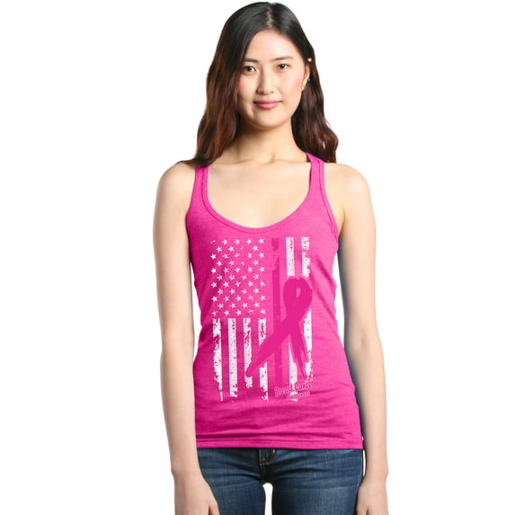 Shop4Ever Women's Pink Breast Cancer Ribbon American Flag Racerback Tank Top X-Small Fuchsia