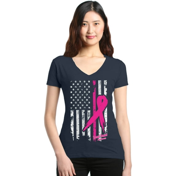 Shop4Ever Women's Pink Breast Cancer Ribbon American Flag Slim Fit V-Neck T-Shirt Large Charcoal