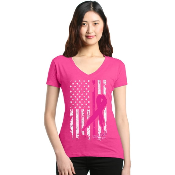 Shop4Ever Women's Pink Breast Cancer Ribbon American Flag Slim Fit V-Neck T-Shirt Large Pink