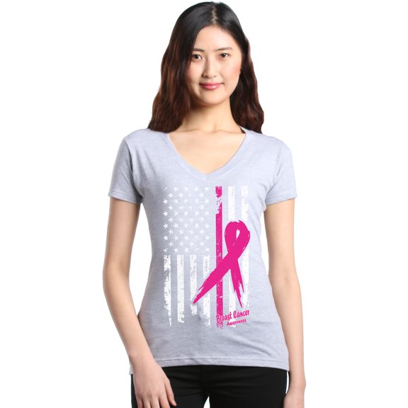 Shop4Ever Women's Pink Breast Cancer Ribbon American Flag Slim Fit V-Neck T-Shirt Small Sports Grey