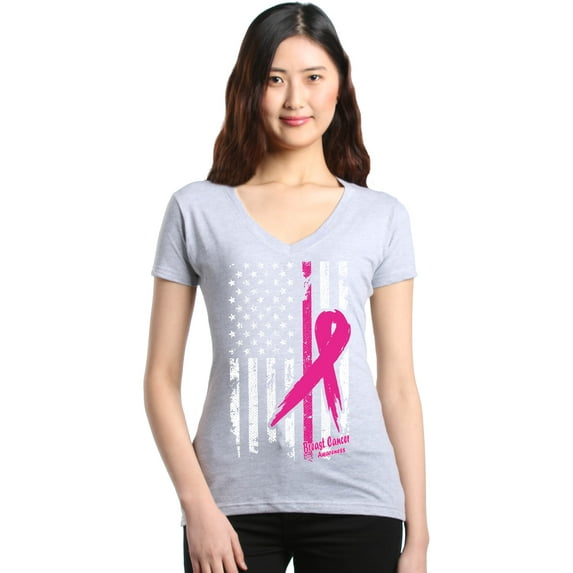 Shop4Ever Women's Pink Breast Cancer Ribbon American Flag Slim Fit V-Neck T-Shirt Small Sports Grey