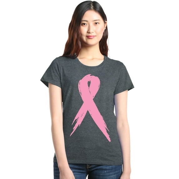 Shop4Ever Women's Pink Breast Cancer Ribbon Awareness Support Graphic T-Shirt X-Large Dark Heather