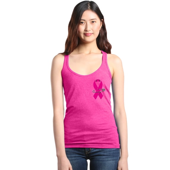 Shop4Ever Women's Pink Breast Cancer Ribbon Pin Breast Cancer Racerback Tank Top Large Fuchsia