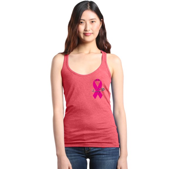 Shop4Ever Women's Pink Breast Cancer Ribbon Pin Breast Cancer Racerback Tank Top X-Large Red