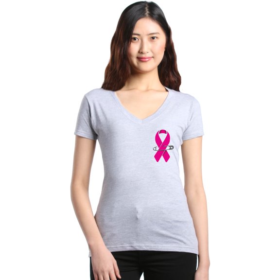 Shop4Ever Women's Pink Breast Cancer Ribbon Pin Breast Cancer Slim Fit V-Neck T-Shirt Small Sports Grey